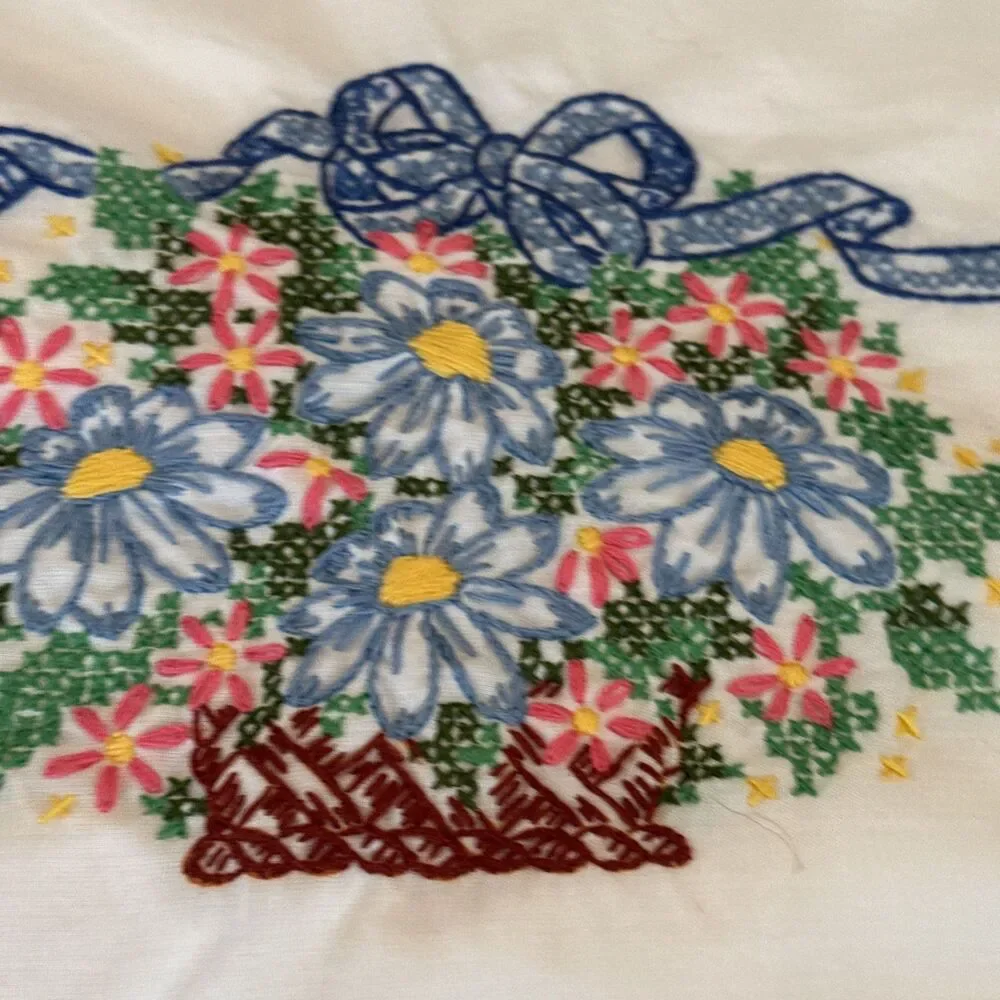 Vintage Pillowcase Pair Embroidered Pastel Flowers Grandma Cottage Core